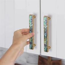 Load image into Gallery viewer, 3.78&quot;, 5&quot;, 6.3&quot; Natural Shell Knobs | Vivid Brass, Green &amp; White Drawer Pulls, Square Kitchen &amp; Dresser Handles, Home Decor Hardware
