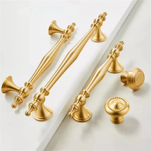 Load image into Gallery viewer, 3&quot;, 3.78&quot;, 5&quot;, 6.3&quot; Brushed Brass Kitchen Handles | Unique Wardrobe &amp; Drawer Pulls, Cupboard Knobs, Hardware
