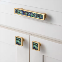 Load image into Gallery viewer, 3.78&quot;, 5&quot;, 6.3&quot; Natural Shell Knobs | Vivid Brass, Green &amp; White Drawer Pulls, Square Kitchen &amp; Dresser Handles, Home Decor Hardware
