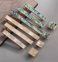 Load image into Gallery viewer, 3.78&quot;, 5&quot;, 6.3&quot; Natural Shell Knobs | Vivid Brass, Green &amp; White Drawer Pulls, Square Kitchen &amp; Dresser Handles, Home Decor Hardware
