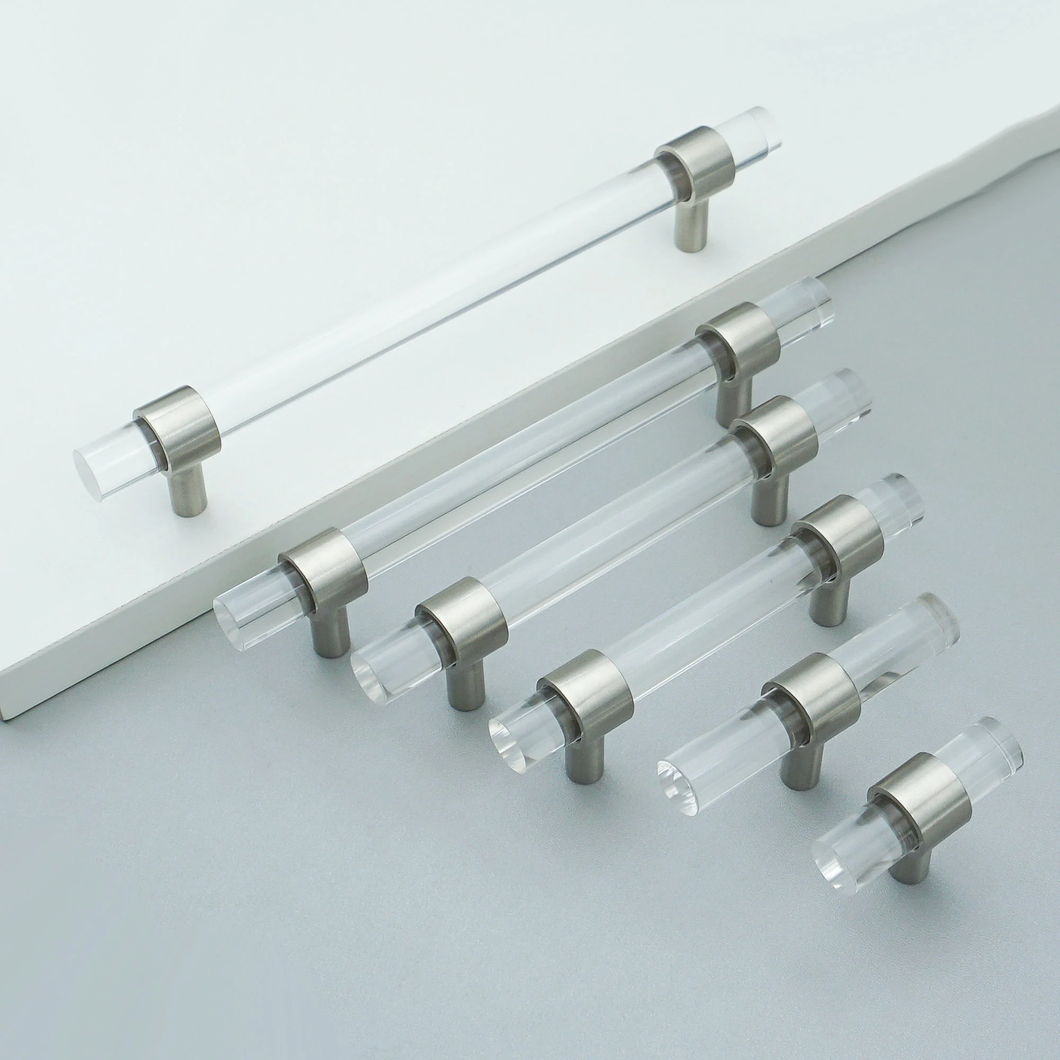 Customizable Clear Acrylic & Brushed Nickel Pulls | Drawer & Dresser Knobs, Cabinet Door & Bathroom Handles, Bar Pull Hardware