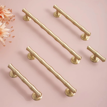 Load image into Gallery viewer, 3.78&quot;, 5&quot;, 6.3&quot;, 8.8&quot; Solid Brass &amp; Bamboo Cabinet Door Handles | Brushed Brass Drawer Pulls, Unique Dresser Knobs, Closet Wardrobe Handles
