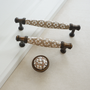 3.78", 5.0" (96mm) Ceramic Kitchen Handles | Brown, White & Brass Vintage Rural Chic Drawer & Cabinet Pulls, Dresser Knobs