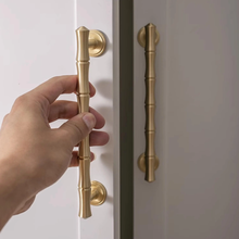 Load image into Gallery viewer, 3.78&quot;, 5&quot;, 6.3&quot;, 8.8&quot; Solid Brass &amp; Bamboo Cabinet Door Handles | Brushed Brass Drawer Pulls, Unique Dresser Knobs, Closet Wardrobe Handles
