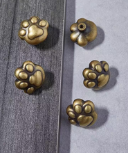 Load image into Gallery viewer, Cat Paw Brass Cabinet Drawer Pulls | Vintage Kids Room Wardrobe Handles
