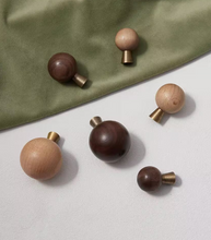 Load image into Gallery viewer, Walnut &amp; Beech Round Knobs with Brass Base, Mid-Century Kids Room Cabinet Wardrobe Handles
