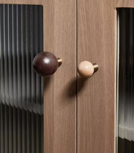 Load image into Gallery viewer, Walnut &amp; Beech Round Knobs with Brass Base, Mid-Century Kids Room Cabinet Wardrobe Handles
