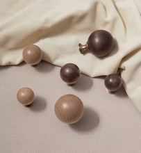 Load image into Gallery viewer, Walnut Beech Round Brass Knobs, French Mid-Century Kids Cabinet &amp; Wardrobe Handles
