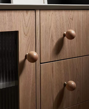 Load image into Gallery viewer, Walnut Beech Round Brass Knobs, French Mid-Century Kids Cabinet &amp; Wardrobe Handles
