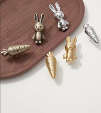 Load image into Gallery viewer, Gold &amp; Silver Rabbit Carrot Brass Knobs, Lovely Cartoon Animal Handles for Children’s Wardrobes, Drawers and Cabinets
