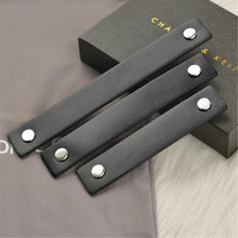 Load image into Gallery viewer, 3.78&quot;, 5&quot;, 6.3&quot; Black Leather Cabinet Handles | Gold, Silver, Gun Bronze - Dresser Drawer Pulls, Kitchen Hardware (96, 128, 160mm)
