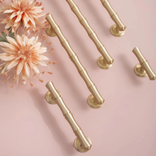 Load image into Gallery viewer, 3.78&quot;, 5&quot;, 6.3&quot;, 8.8&quot; Solid Brass &amp; Bamboo Cabinet Door Handles | Brushed Brass Drawer Pulls, Unique Dresser Knobs, Closet Wardrobe Handles
