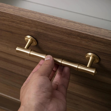 Load image into Gallery viewer, 3.78&quot;, 5&quot;, 6.3&quot;, 8.8&quot; Solid Brass &amp; Bamboo Cabinet Door Handles | Brushed Brass Drawer Pulls, Unique Dresser Knobs, Closet Wardrobe Handles

