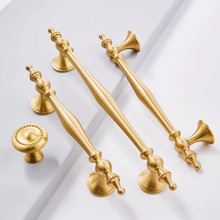 Load image into Gallery viewer, 3&quot;, 3.78&quot;, 5&quot;, 6.3&quot; Brushed Brass Kitchen Handles | Unique Wardrobe &amp; Drawer Pulls, Cupboard Knobs, Hardware
