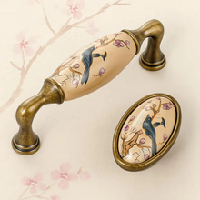 Load image into Gallery viewer, Vintage Ceramic Bird Inlay Cabinet Hardware - Antique Brass Knobs &amp; Pulls for Kitchen Cabinets
