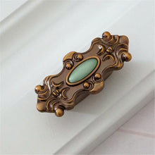 Load image into Gallery viewer, 3.78&quot;, 5&quot; (96, 128mm) Antique Brass &amp; Green Gem Drawer Knobs | Retro Rustic Kitchen Cabinet Handles, Dresser &amp; Closet Pulls
