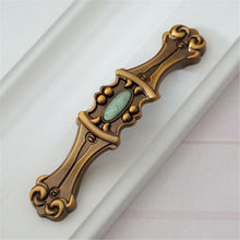Load image into Gallery viewer, 3.78&quot;, 5&quot; (96, 128mm) Antique Brass &amp; Green Gem Drawer Knobs | Retro Rustic Kitchen Cabinet Handles, Dresser &amp; Closet Pulls
