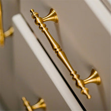 Load image into Gallery viewer, 3.78&quot;, 5&quot; &amp; 6.3&quot; Solid Brass Brushed Gold Drawer Knobs | Euro Cabinet Handles, Kitchen &amp; Dresser Pulls | Cabinet Hardware
