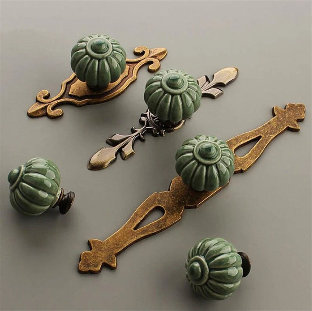 Green Pumpkin Ceramic Knobs with Back Plate | Antique Bronze, Vintage Nordic | Surface Mounted | Cabinet & Dresser Hardware