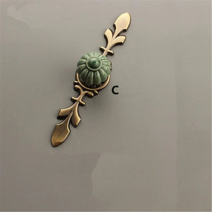 Green Pumpkin Ceramic Knobs with Back Plate | Antique Bronze, Vintage Nordic | Surface Mounted | Cabinet & Dresser Hardware
