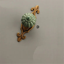 Load image into Gallery viewer, Green Pumpkin Ceramic Knobs with Back Plate | Antique Bronze, Vintage Nordic | Surface Mounted | Cabinet &amp; Dresser Hardware
