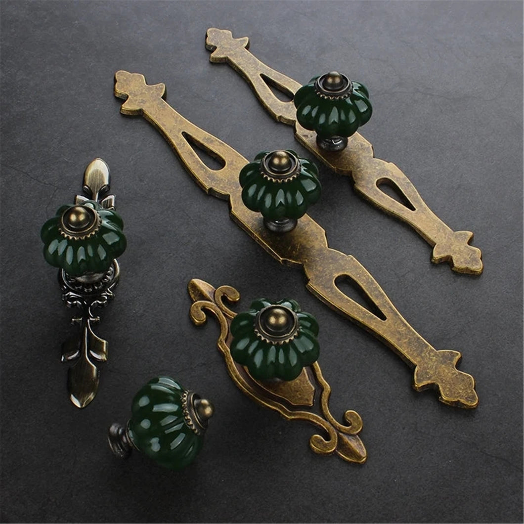 Dark Green Pumpkin Ceramic Pulls & Knobs | European & Modern Minimalist Single Hole | Drawer & Cabinet Hardware